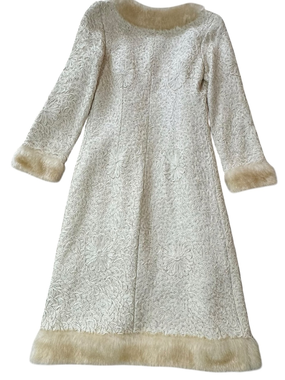 Vintage Sue Wong Nocturne Embroidered Champagne/Ivory Coat Faux Fur Trim Size - Picture 10 of 16